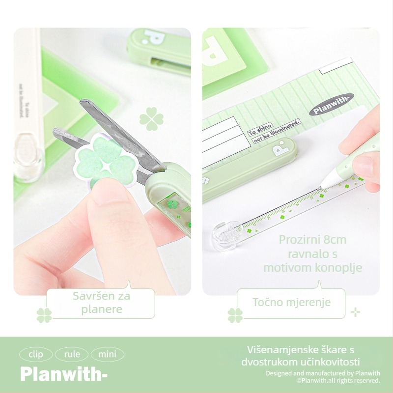 Višenamjenski ravnalo, škare i klizni nož – prijenosno rješenje za učenike (RosyPosy PW259X, 2Cr13/ABS/PP/akril, 28 g)