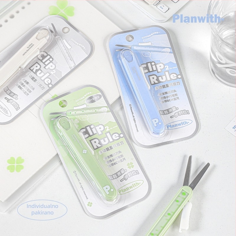 Višenamjenski ravnalo, škare i klizni nož – prijenosno rješenje za učenike (RosyPosy PW259X, 2Cr13/ABS/PP/akril, 28 g)