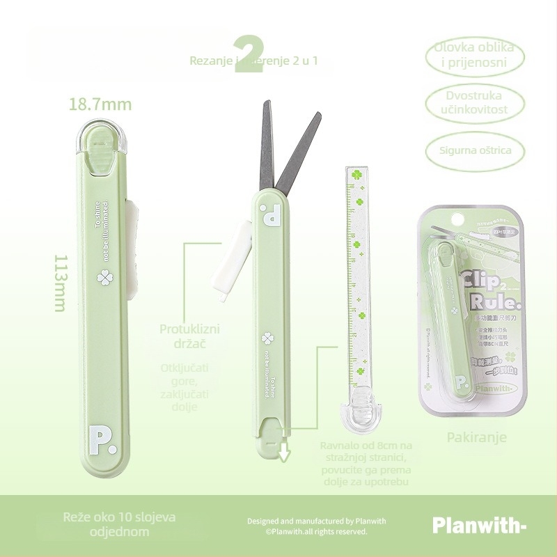 Višenamjenski ravnalo, škare i klizni nož – prijenosno rješenje za učenike (RosyPosy PW259X, 2Cr13/ABS/PP/akril, 28 g)