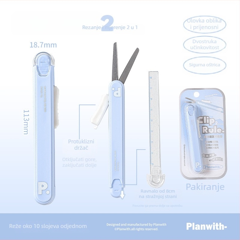 Višenamjenski ravnalo, škare i klizni nož – prijenosno rješenje za učenike (RosyPosy PW259X, 2Cr13/ABS/PP/akril, 28 g)