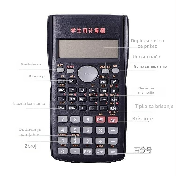 Funkcionalni kalkulator s znanstvenimi funkcijami i glasovnom funkcijom, zaslon s 10 znamenki, baterija uključena — Yinsheng 82MS