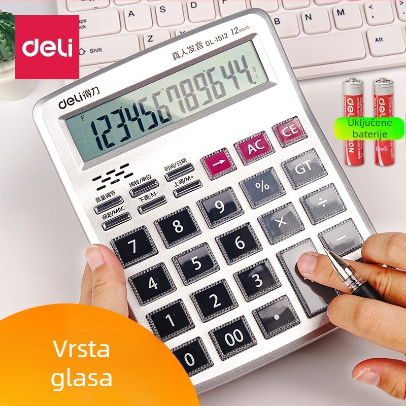 Deli 1512 Aritmetički kalkulator s glasovnom funkcijom, 12-znamenkasti displej, baterija uključena