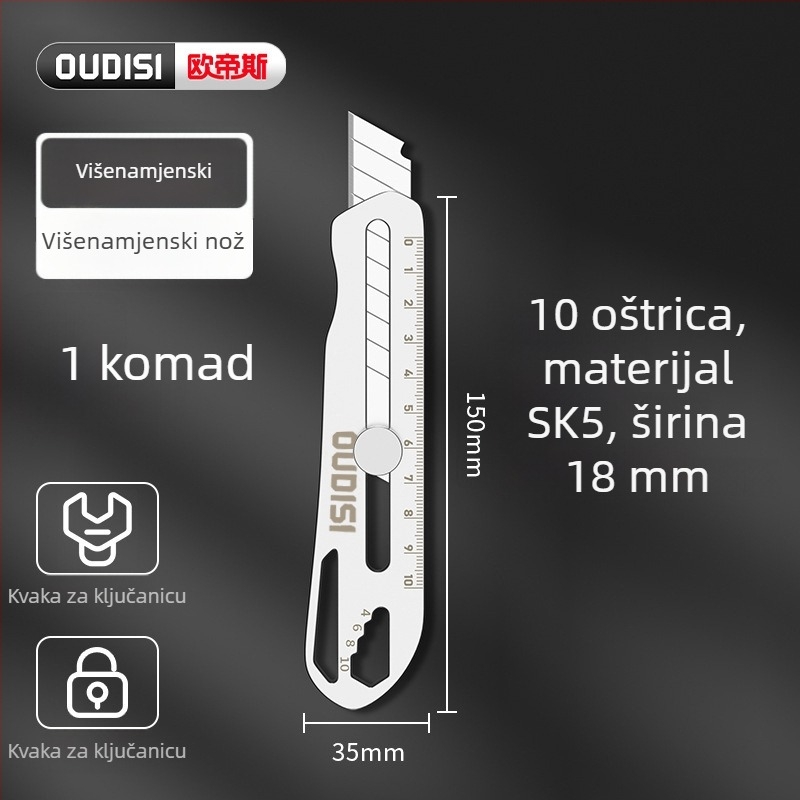 Nerđajući čelični umjetnički nož; težak, industrijskog ranga, potpuno metalna konstrukcija; materijal: nehrđajući čelik; težina: 0,12 kg; pogodan za papir, tapete i otvaranje paketa.