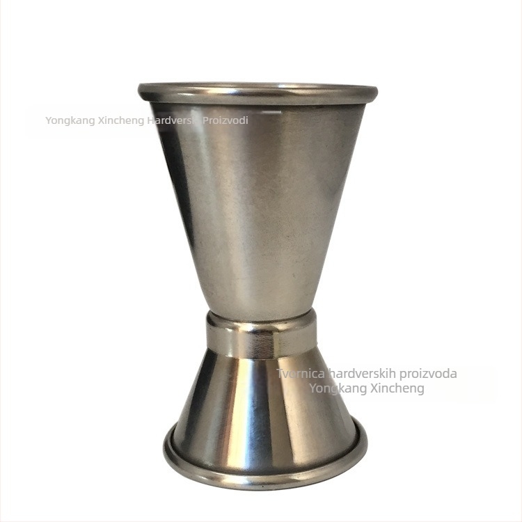 Nehrđajuća čelična dvostruka mjerna šalica s zakrivljenim rubom, kapacitet 1-100 ml, moderni minimalistički dizajn, mogućnost otiska logotipa
