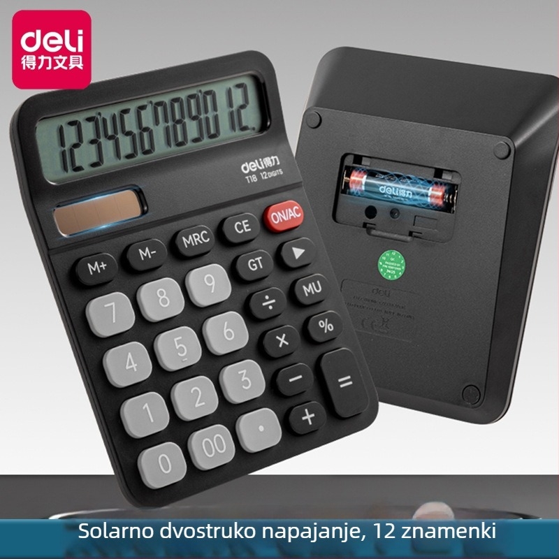 Deli kalkulator s dvostrukim napajanjem, velikim zaslonom, 12 znamenki, za uredske i financijske potrebe