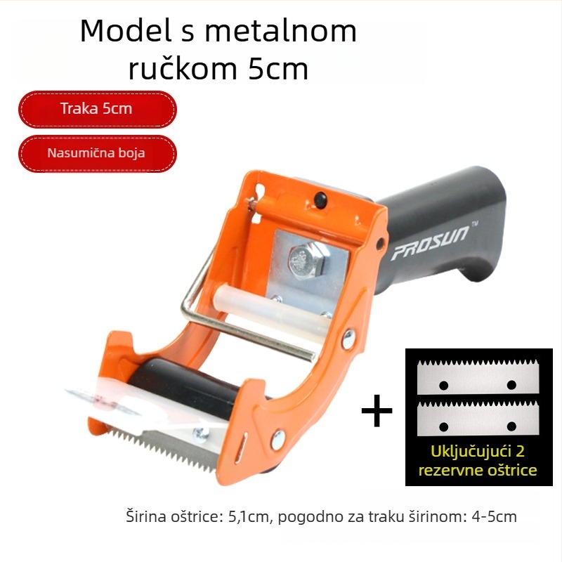 Ručni metalni zatvarač kutija s prozirnim rezačem trake; modeli 8052/8062; materijal: željezo; širina trake do 48 mm.