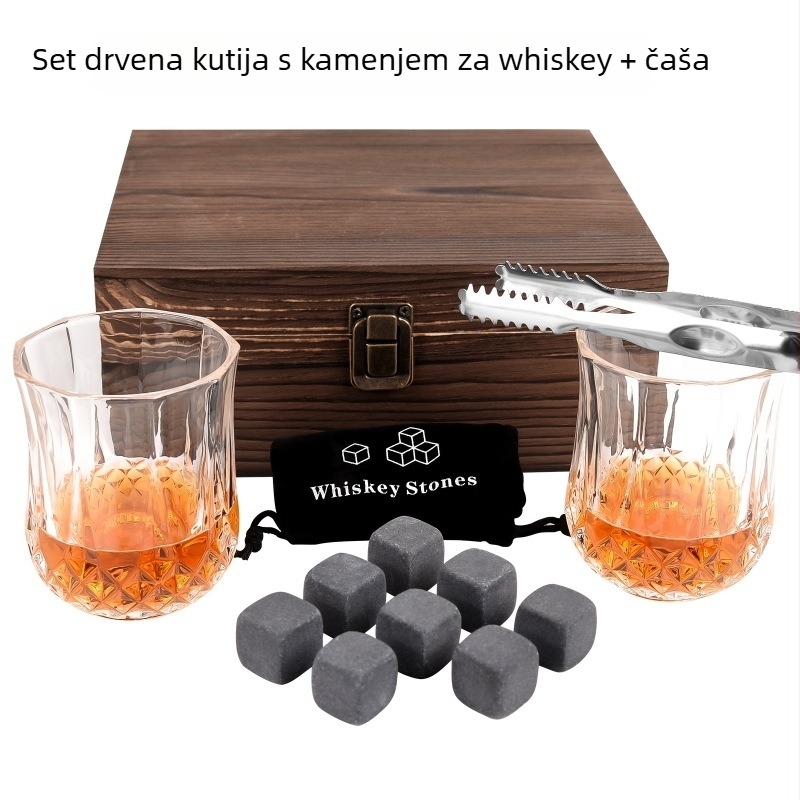 Set čaša za vino i viski od stakla i kamena, moderni minimalistički stil, 12 komada, drvena kutija