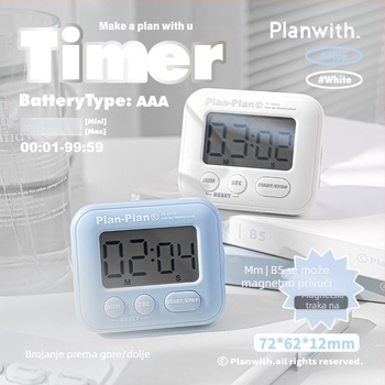 Planwith magnetski timer s odbrojavanjem, prenosivi studentski timer, plastično kućište, napajanje AAA baterijom, 53 g