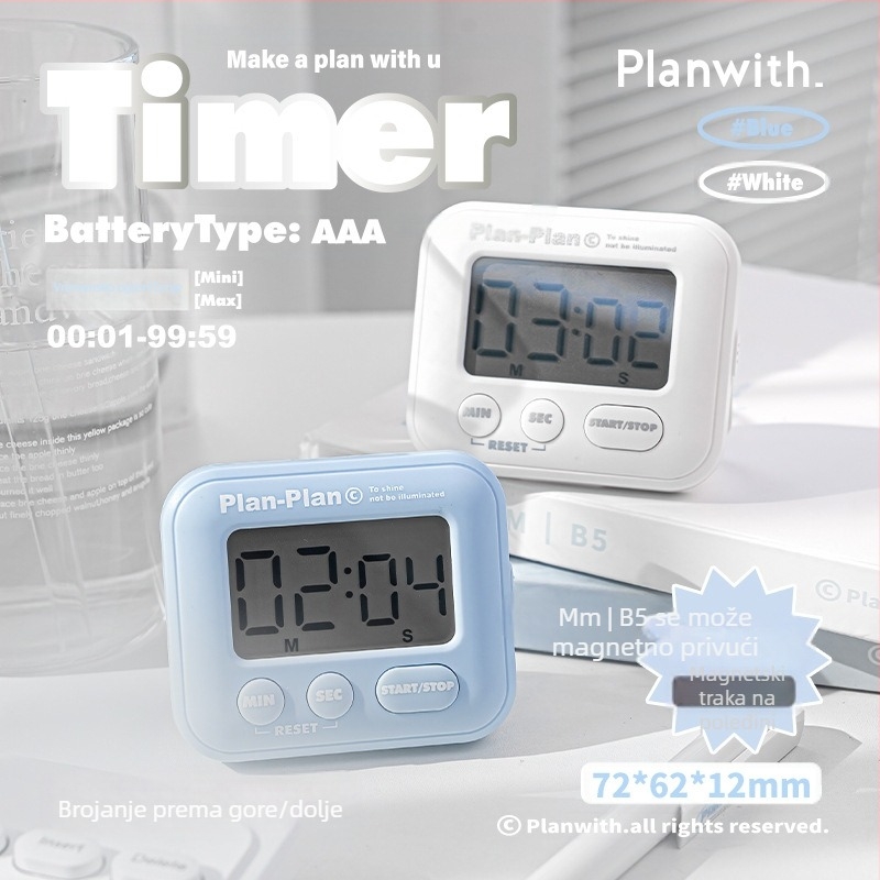 Planwith magnetski timer s odbrojavanjem, prenosivi studentski timer, plastično kućište, napajanje AAA baterijom, 53 g