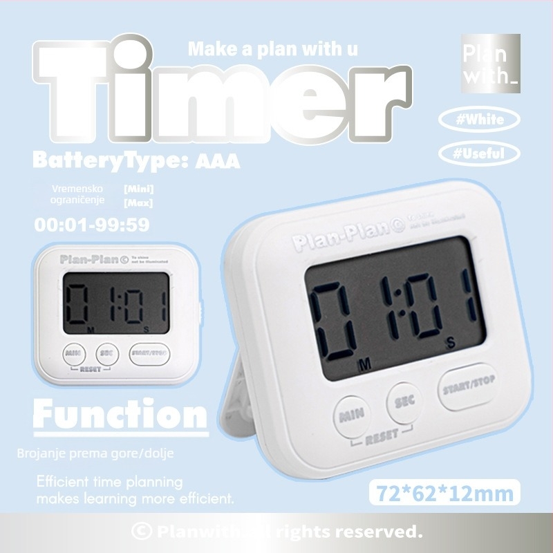 Planwith magnetski timer s odbrojavanjem, prenosivi studentski timer, plastično kućište, napajanje AAA baterijom, 53 g