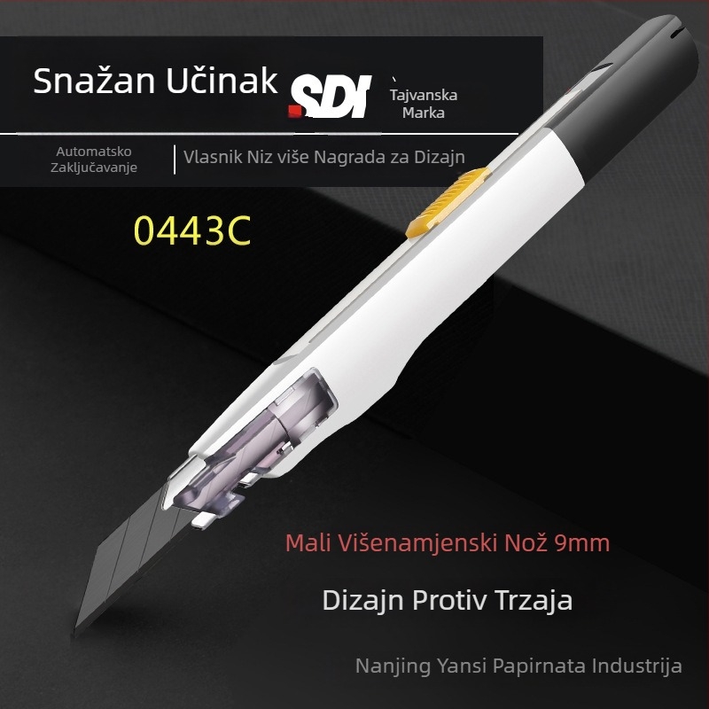 Hobi nož za umjetnost s automatskim zaključavanjem i anti‑drhtavim stezanjem – model 0443C, oštrica od legiranog čelika 0.4×9×75 mm, neto težina 0.07 kg
