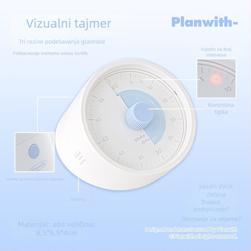 Planwith Pw259b Vizualni timer za planiranje vremena s glasovnim podsjetnikom, ABS materijal, baterija uključena