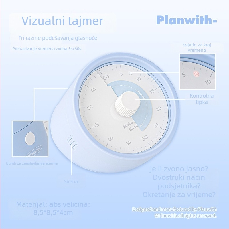 Planwith Pw259b Vizualni timer za planiranje vremena s glasovnim podsjetnikom, ABS materijal, baterija uključena