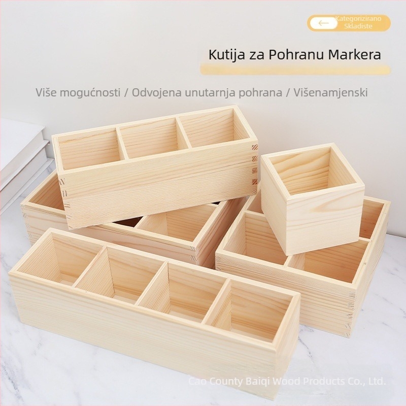 Drvena kutija za markerice sa pregradama, bez poklopca, 9×9×8 cm, podrijetlo Shandong