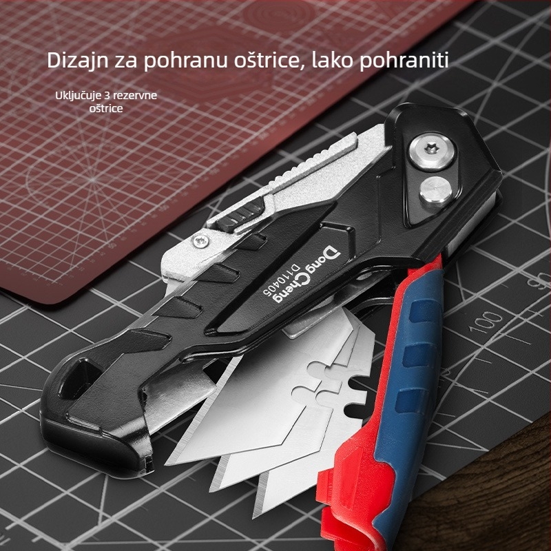 Teški višenamjenski nož s aluminijskim držajem i gumiranim gripom, za električare za tapete i rezanje papira, industrijske klase.