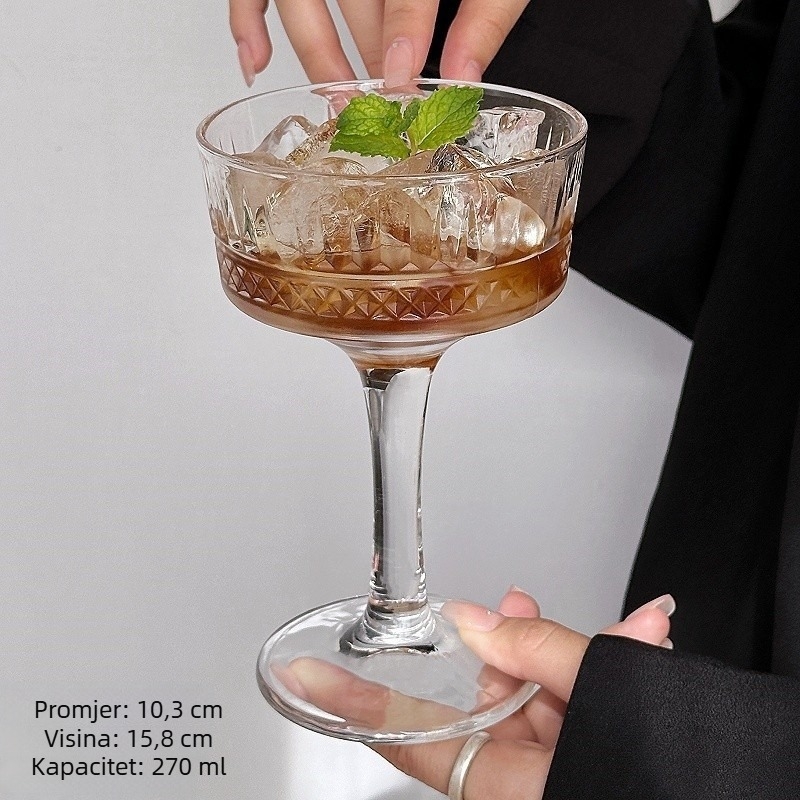 Čaša za koktel, set od 2 komada, staklena, svijetao luksuzni retro dizajn s graviranim uzorkom, pakiranje u papirnatu kutiju