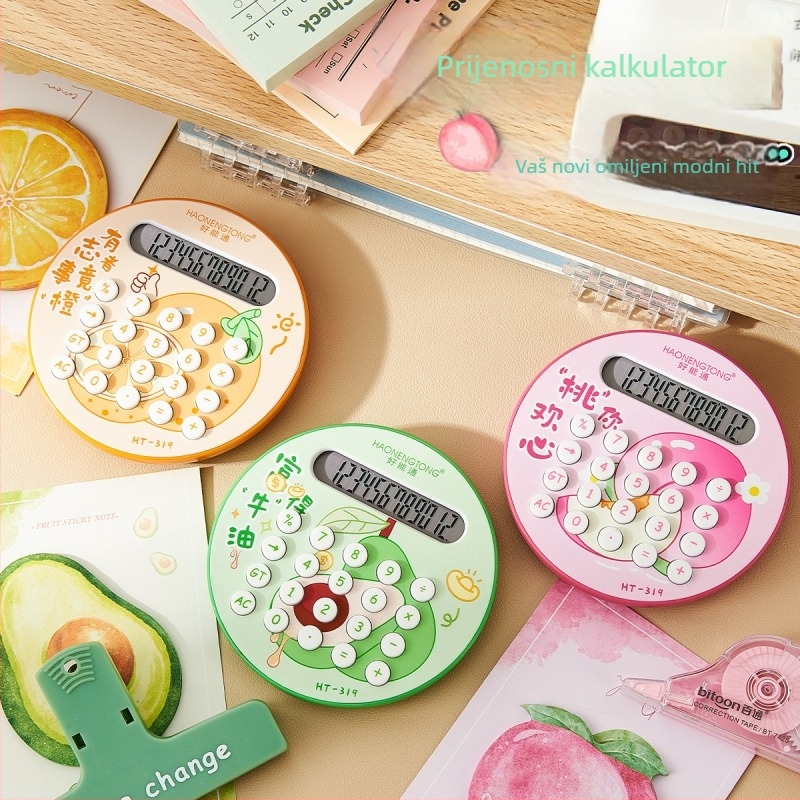Kalkulator s 12-znamenim zaslonom, okrugli dizajn inspiriran voćem, plastično kućište, koristi standardne suhe baterije (baterije nisu uključene)