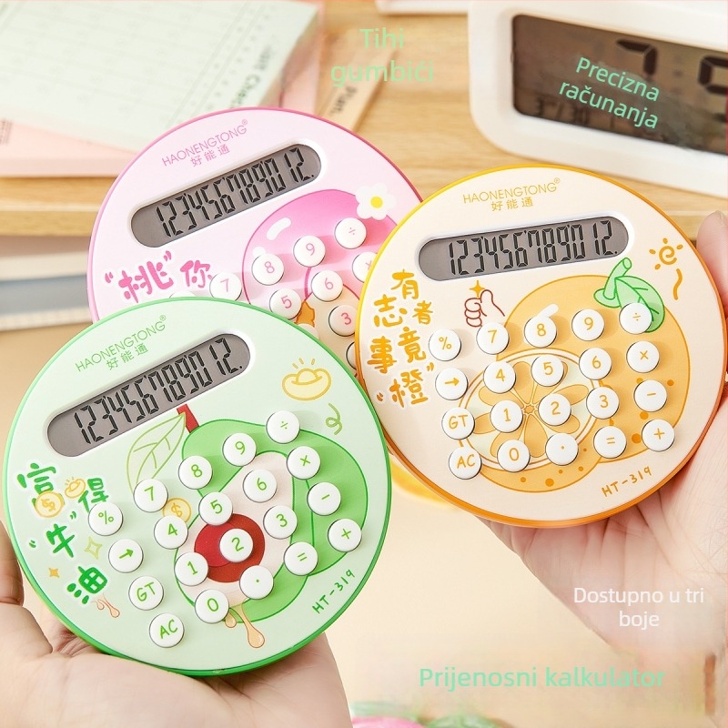 Kalkulator s 12-znamenim zaslonom, okrugli dizajn inspiriran voćem, plastično kućište, koristi standardne suhe baterije (baterije nisu uključene)
