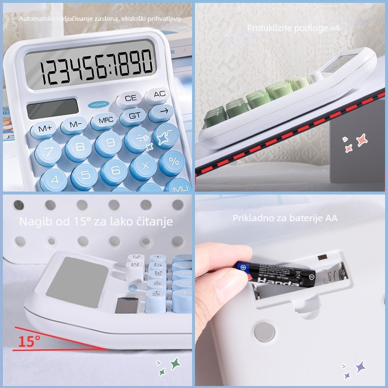 Magic Music solarni kalkulator, 12-znamenkasti zaslon, prijenosni, dvostruki izvor napajanja, plastično kućište