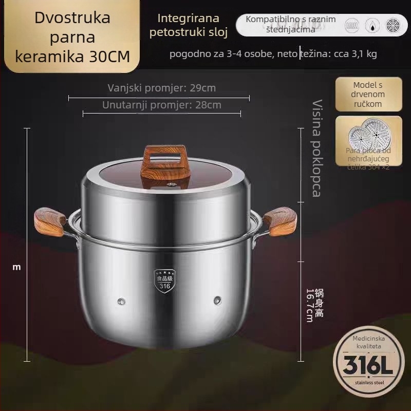 Parni lonac od 316L nehrđajućeg čelika, velik kapacitet, višeslojni dizajn, dvostruki sloj, prehrambene kvalitete