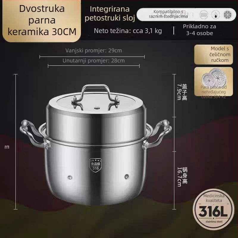 Parni lonac od 316L nehrđajućeg čelika, velik kapacitet, višeslojni dizajn, dvostruki sloj, prehrambene kvalitete