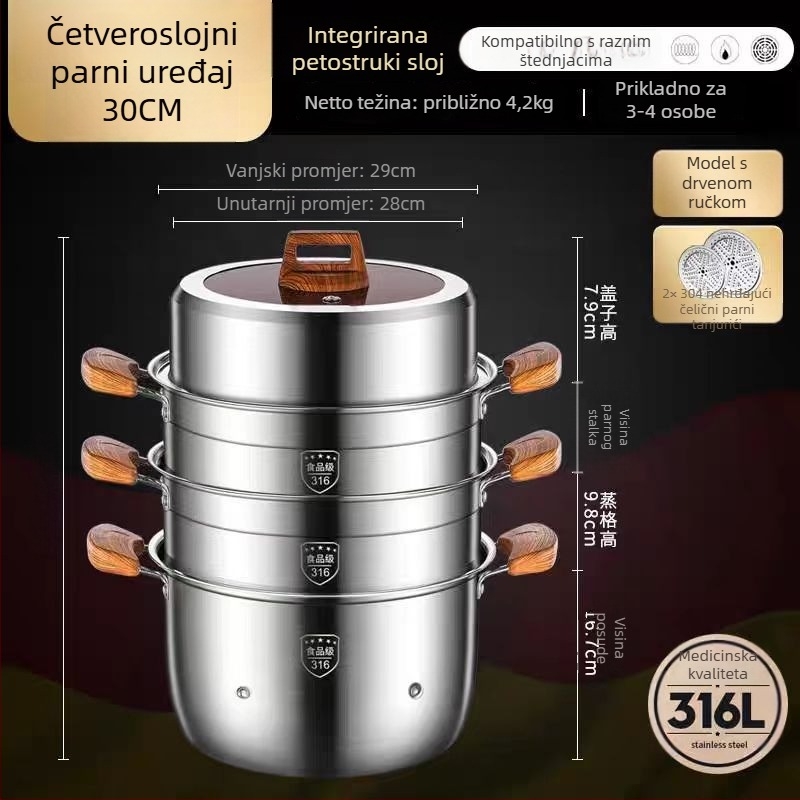 Parni lonac od 316L nehrđajućeg čelika, velik kapacitet, višeslojni dizajn, dvostruki sloj, prehrambene kvalitete