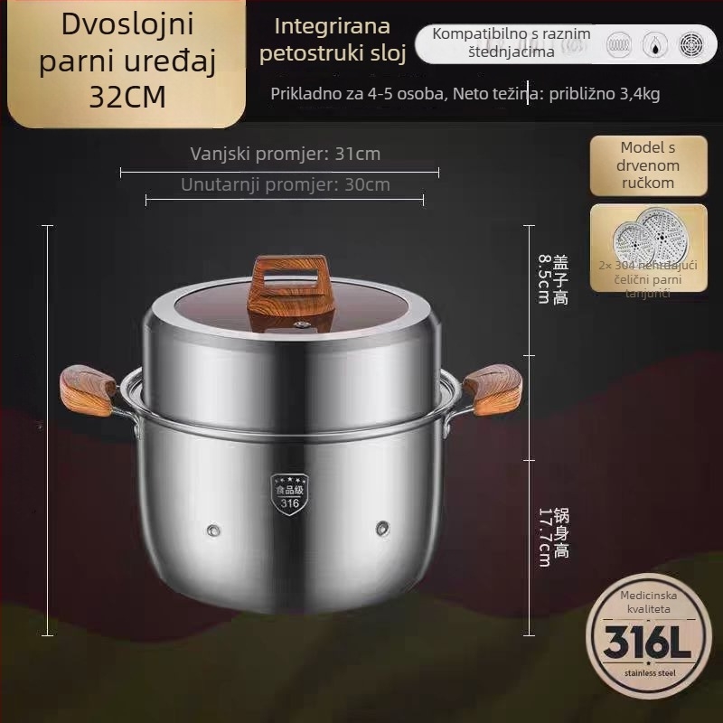Parni lonac od 316L nehrđajućeg čelika, velik kapacitet, višeslojni dizajn, dvostruki sloj, prehrambene kvalitete