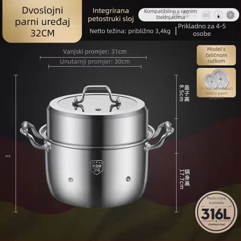Parni lonac od 316L nehrđajućeg čelika, velik kapacitet, višeslojni dizajn, dvostruki sloj, prehrambene kvalitete