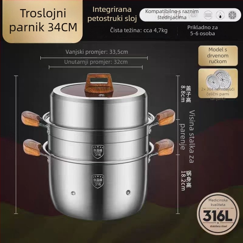 Parni lonac od 316L nehrđajućeg čelika, velik kapacitet, višeslojni dizajn, dvostruki sloj, prehrambene kvalitete