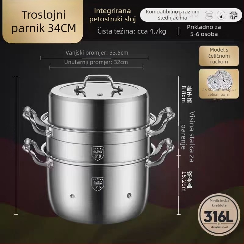 Parni lonac od 316L nehrđajućeg čelika, velik kapacitet, višeslojni dizajn, dvostruki sloj, prehrambene kvalitete