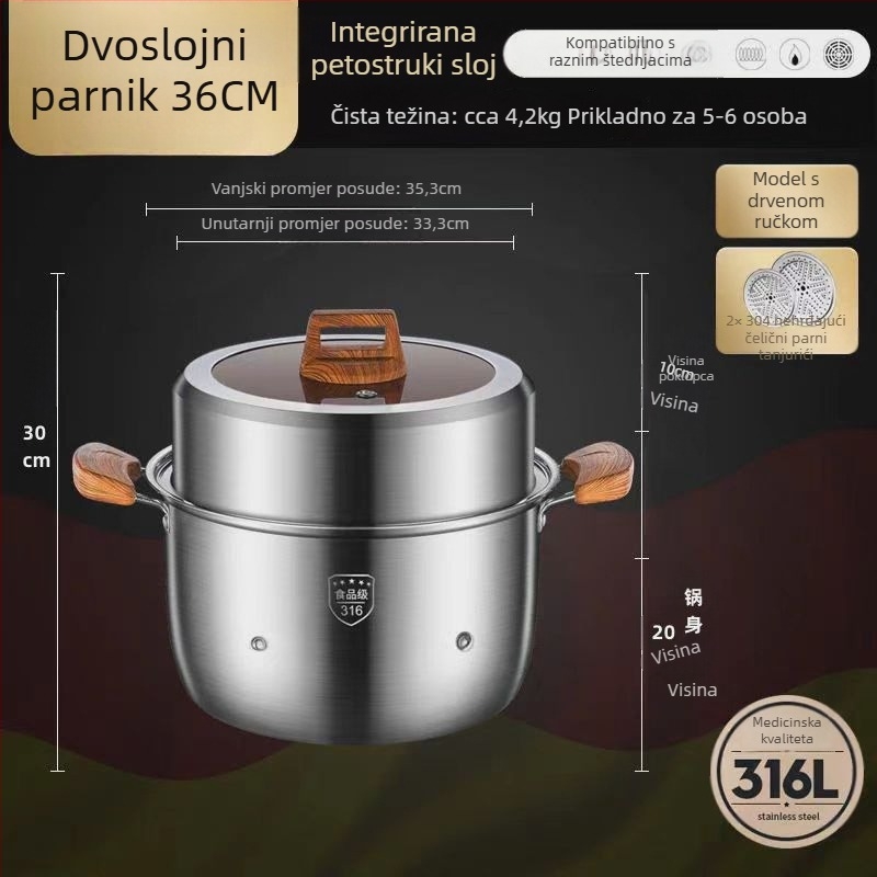 Parni lonac od 316L nehrđajućeg čelika, velik kapacitet, višeslojni dizajn, dvostruki sloj, prehrambene kvalitete