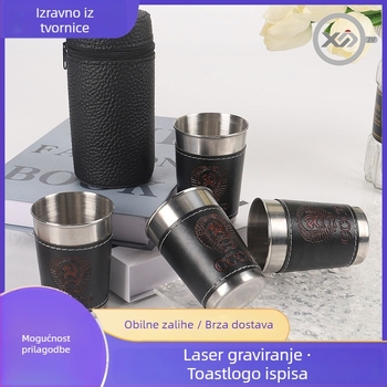 Set čašica od nehrđajućeg čelika s kožnim kućištem za čašu i logom, kapacitet 101–200 ml, stil lagan luksuz i retro