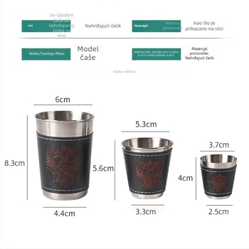 Set čašica od nehrđajućeg čelika s kožnim kućištem za čašu i logom, kapacitet 101–200 ml, stil lagan luksuz i retro