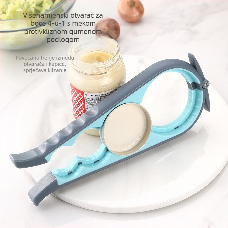 4-u-1 otvarač za boce i konzerve – nehrđajući čelik + PP + TPR, višenamjenski, 2-djelni set, tiskano logo