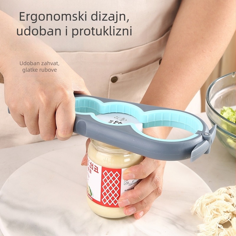 4-u-1 otvarač za boce i konzerve – nehrđajući čelik + PP + TPR, višenamjenski, 2-djelni set, tiskano logo