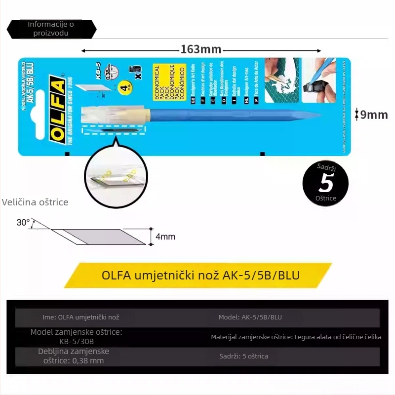 Nož za rezbarenje za studente | Olfa, plastično kućište, oštrica 0,38×4×20 mm, ukupna duljina 159 mm