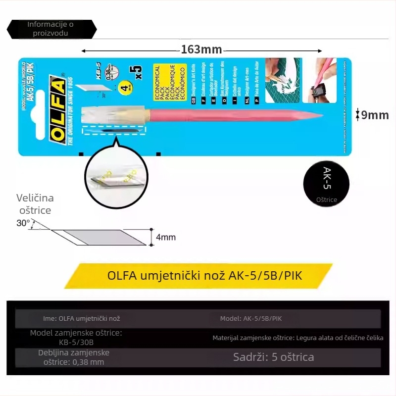 Nož za rezbarenje za studente | Olfa, plastično kućište, oštrica 0,38×4×20 mm, ukupna duljina 159 mm