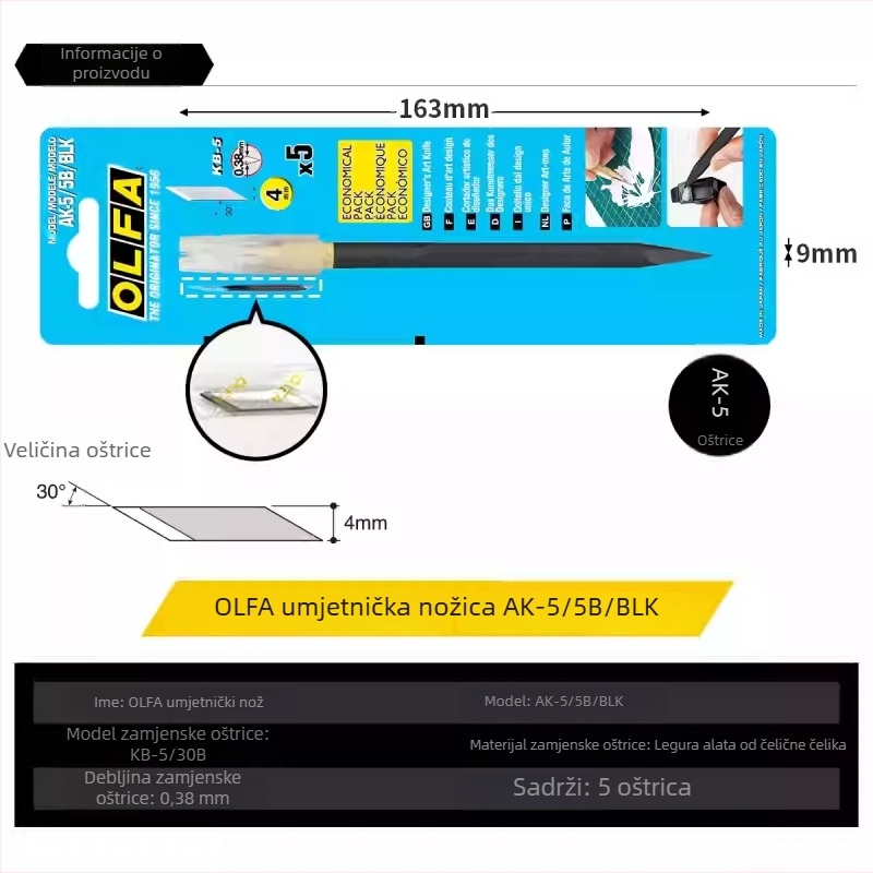 Nož za rezbarenje za studente | Olfa, plastično kućište, oštrica 0,38×4×20 mm, ukupna duljina 159 mm