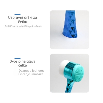 Četka za čišćenje lica s elektropoliranom drškom i mekanim silikonskim vlaknima – dvostruka stojeća četka za čišćenje pora i uklanjanje šminke, nije električna, bez vibracija, pogodna za sve tipove kože