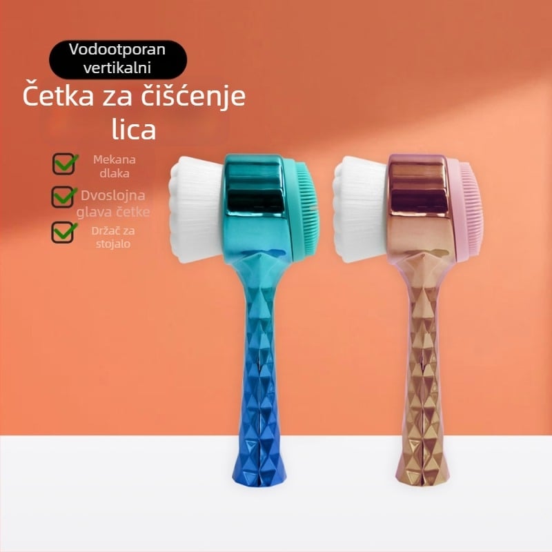 Četka za čišćenje lica s elektropoliranom drškom i mekanim silikonskim vlaknima – dvostruka stojeća četka za čišćenje pora i uklanjanje šminke, nije električna, bez vibracija, pogodna za sve tipove kože
