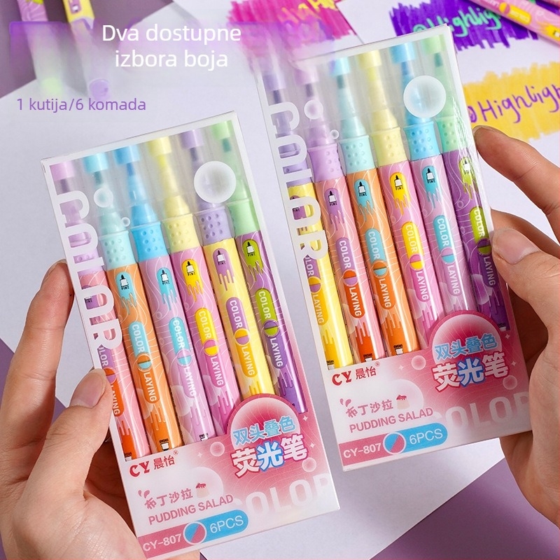 Dvostrani šareni marker za podcrtavanje, plastično kućište, u kutiji, 6 komada u kutiji