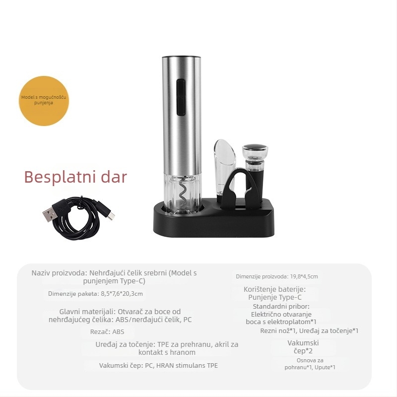 Električni otvarač za vino – automatski, prenosni, višefunkcionalan, inteligentan; materijal: nehrđajući čelik; tiskano logo: Da