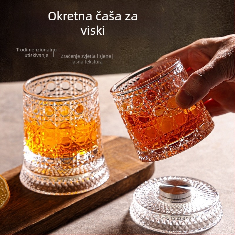 Rotirajuća čaša za whisky sa stalkom, staklena, kapacitet 201–300 ml, reljefni dizajn, stabilna