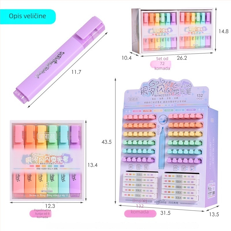 Weiyahui glitter marker za učenike, šareni istakivač za dnevnik