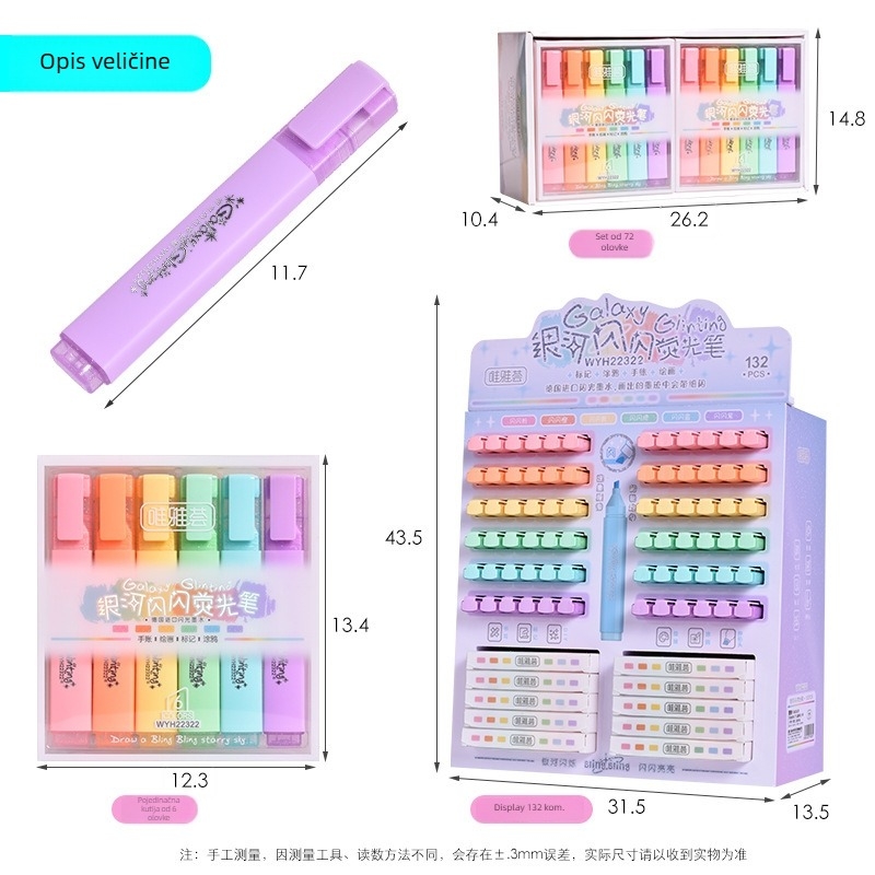 Weiyahui glitter marker za učenike, šareni istakivač za dnevnik