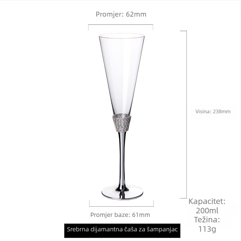 Sijin čaša za šampanjac, kristalno staklo s dijamantnim ukrašivanjem, set od dva komada, moderni minimalistički stil, kapacitet 101–200 ml