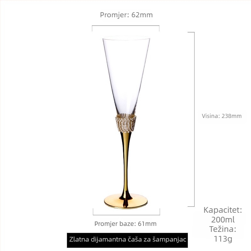 Sijin čaša za šampanjac, kristalno staklo s dijamantnim ukrašivanjem, set od dva komada, moderni minimalistički stil, kapacitet 101–200 ml