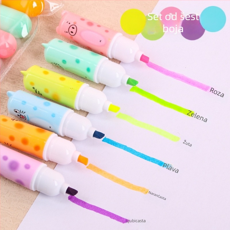 Marker za označavanje s mačjim dizajnom, plastično kućište, nagnut vrh, 6 komada u paketu, model Cat highlighter-028