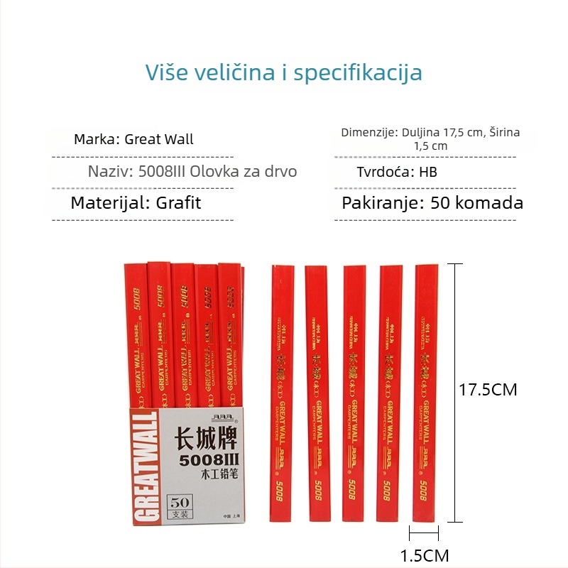 Drvarska olovka Great Wall 5008, šesterokutno plosno tijelo, debeli crni jezgra, crveni refill, alat za označavanje za inženjerske nacrte