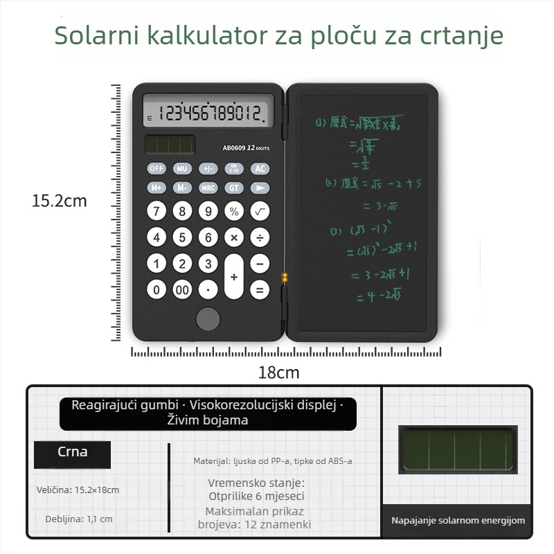 Newyes AB0608 12‑znamenkasti LCD kalkulator s pločom za pisanje, ABS kućište, dvostruko napajanje
